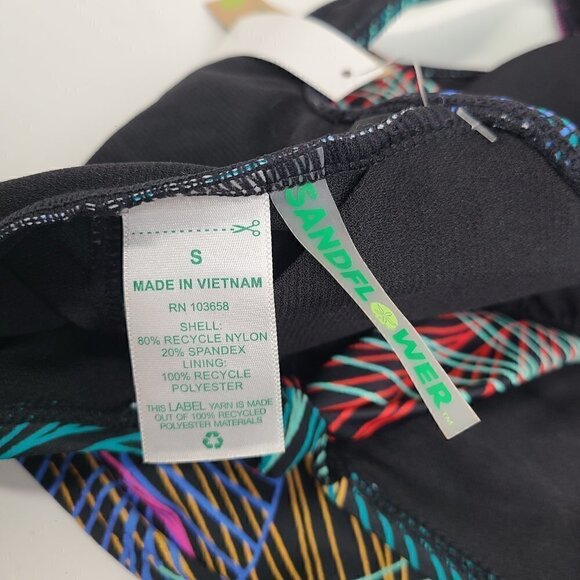 NWT Sandflower Black Neon Multicolor Leaf Front Knot Sleeveless Swim Tank Top - Picture 3 of 6